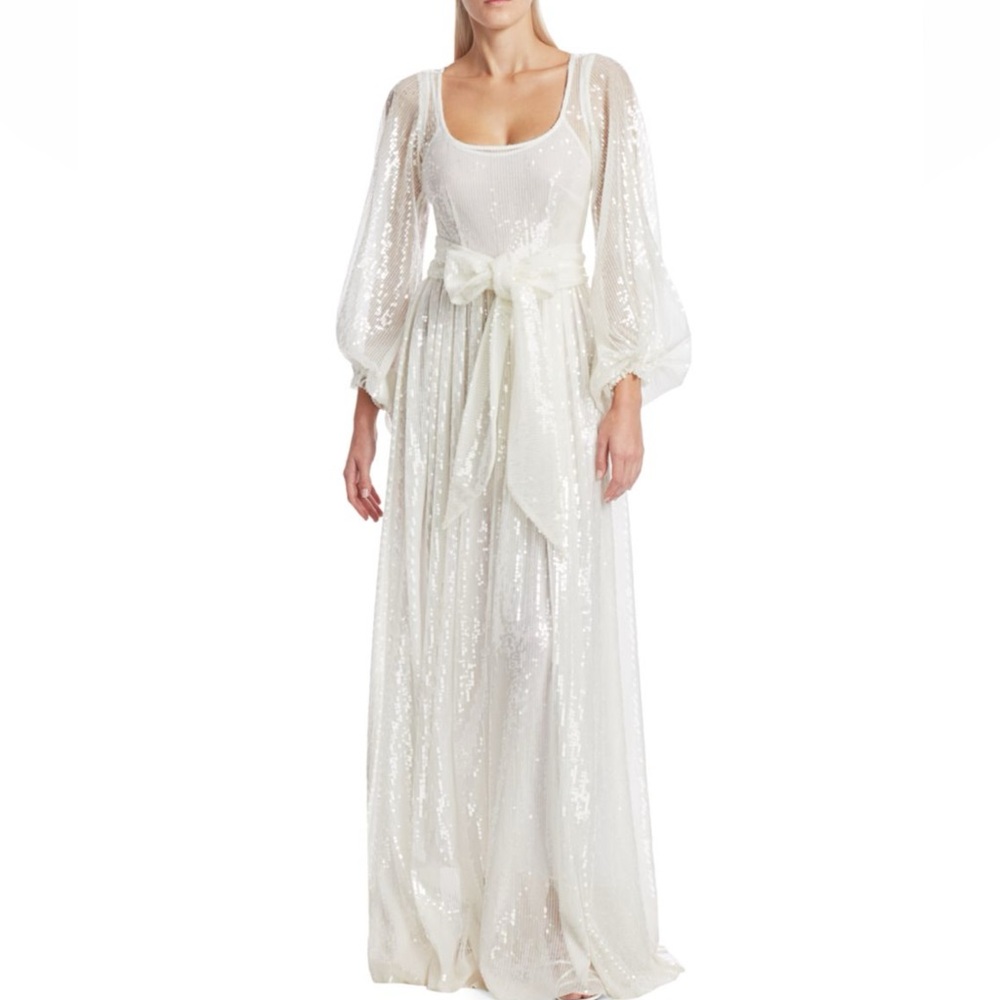STAUD Pearl Sequin Puff-Sleeve Maxi Dress